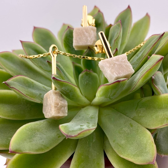 Natural Raw Beige Amazonite 18k Gold Plated Earring and Necklace Set - Picture 3 of 10